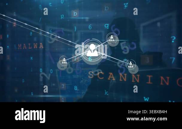 Animation of network of connections over hacker and data processing ...