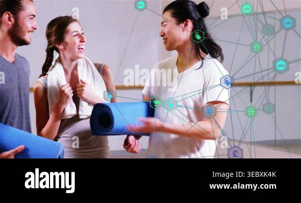 Trio carrying yoga mats greeting barre gesturing as network icons ...