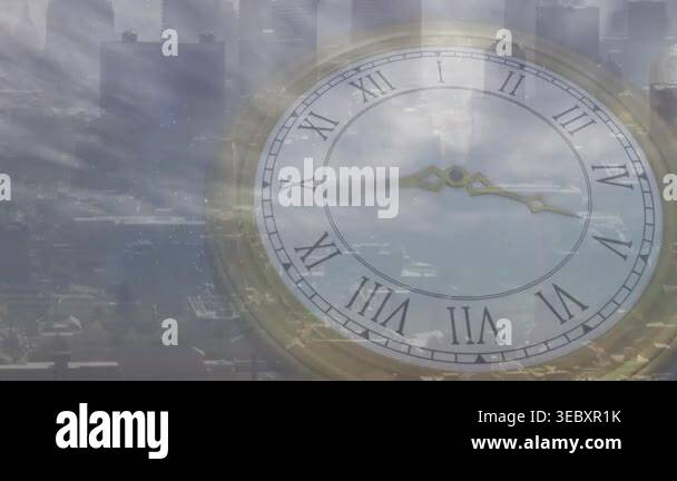 Antique clock face fading in, hands rotating clockwise while moon ...