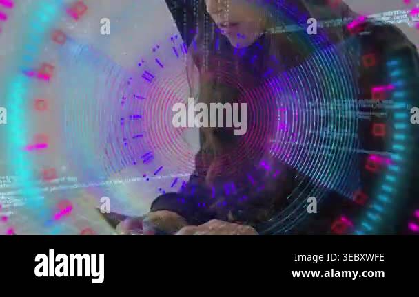 Animation of data processing over caucasian female hacker. global ...