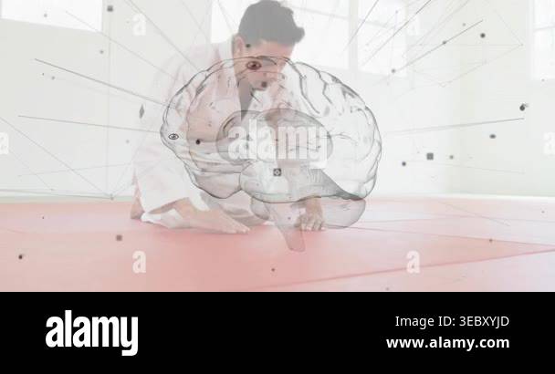 Training Node Dojo Gi-clad man placing hand on red mat shifting to pushup health brain ...