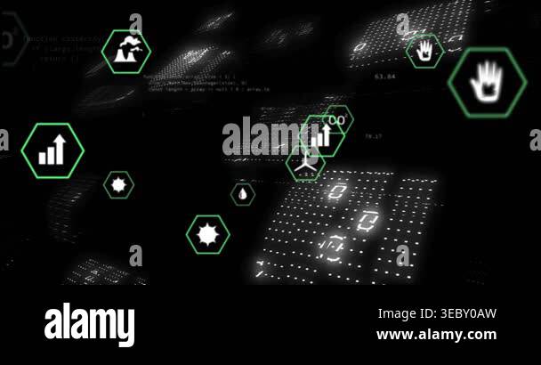 Viewpoint moving forward revealing dotted matrix and green hex icons ...