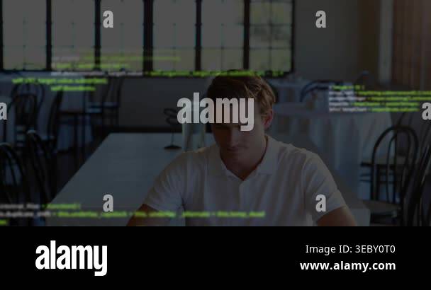 Man sitting in cafe, focusing on code, overlay growing, sipping cup ...