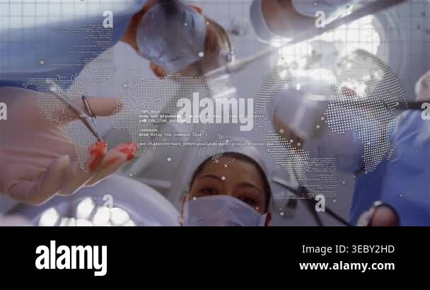 Lead surgeon starting incision, team operating with forceps, dotted map ...