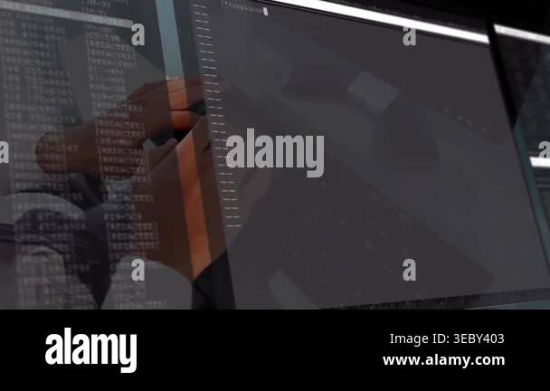 Programmer Glass Sign Male developer typing on keyboard at glass desk, causing app code ...