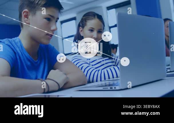 Two students leaning, typing while icons forming over laptop, network ...