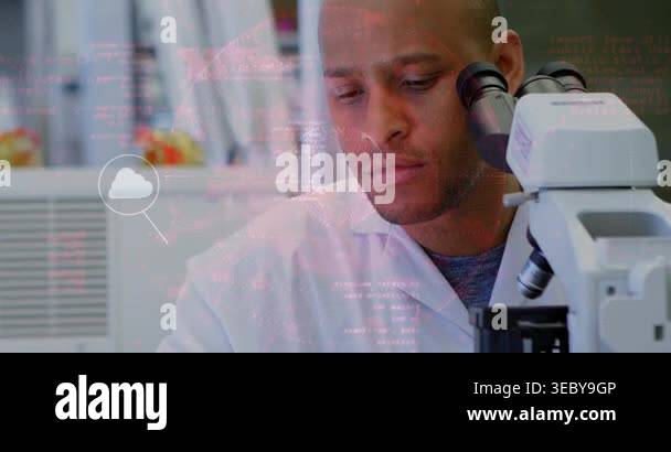 Lab tech leaning into microscope as cloud icons appearing forming ...