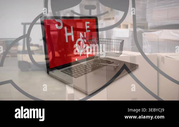 Animation of sloth icon over laptop with shop online text. Global ...