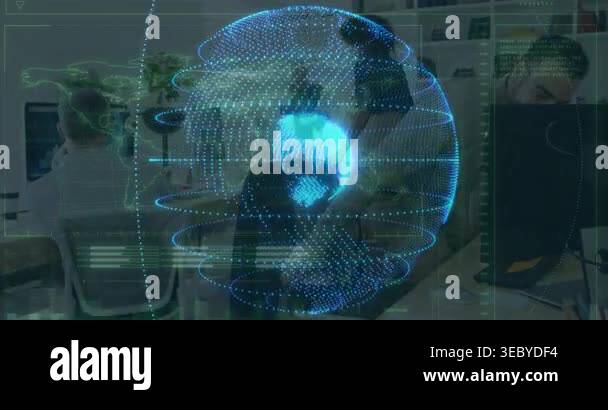 Hologram globe appearing over business, team leaning and working while ...