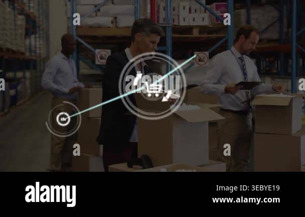 Warehouse team packing as lead packing, animated cart and chart nodes ...