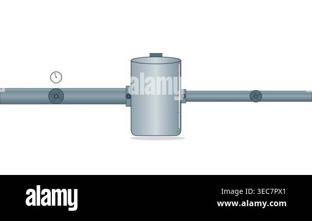 A flat illustration of an empty water storage tank with an inlet pipe a ...