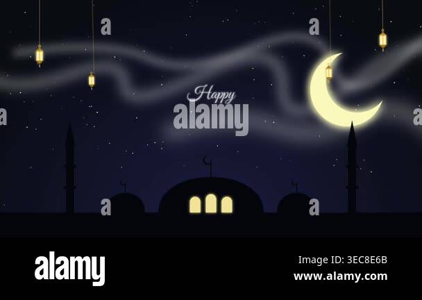 Glowing crescent moon and hanging lanterns against a dark starry night ...