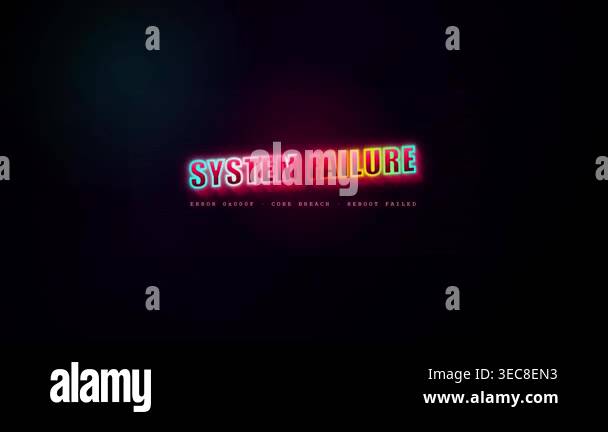 System failure notification with neon text and digital glitch effects ...