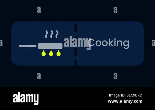 A cooking feature button on a dark navy background with a steam and ...