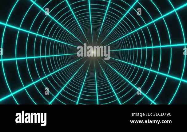 Neon blue light tunnel with glowing grid lines, futuristic digital ...