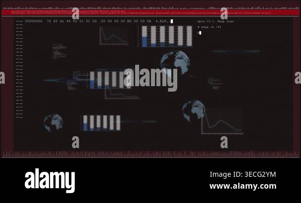Black frame revealing dark terminal UI, hex dump filling, terminal ...