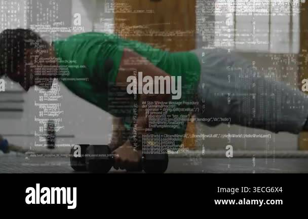 Man starting plank doing pushups then one-arm rows for fitness, code ...