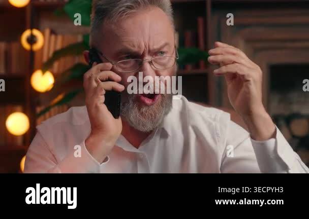 Screaming Call Close up angry furious Caucasian retired old business man screaming ...