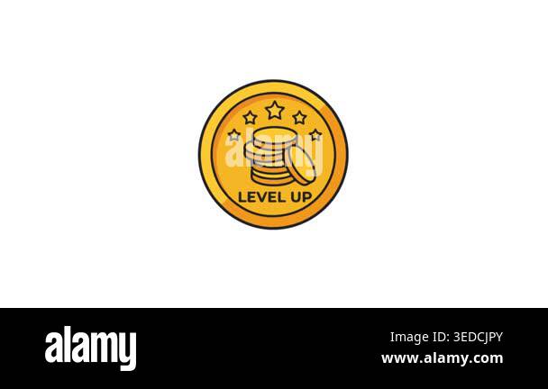 Gold coin token with level up text and star icons spinning in a dynamic ...