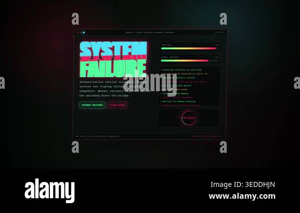Digital computer interface showing a system failure warning, critical ...