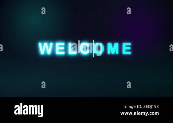 Glowing cyan neon text reading WELCOME with a typing cursor animation ...