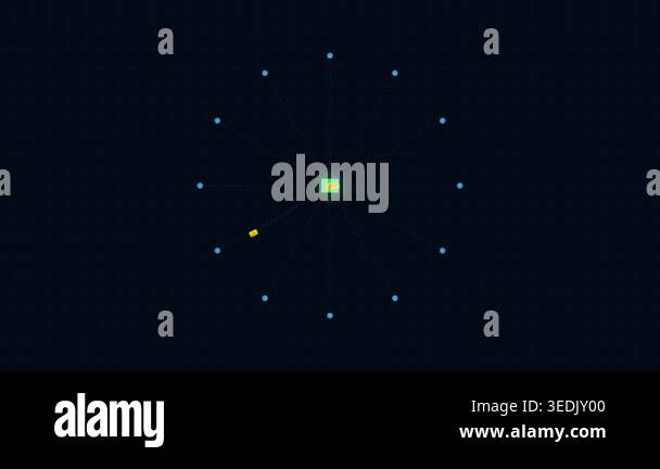 Animated connection hub with data packets moving from a center point to ...
