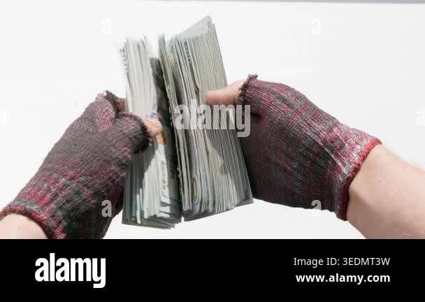 Hands of homeless checking money stack outdoors in dirty fingerless ...