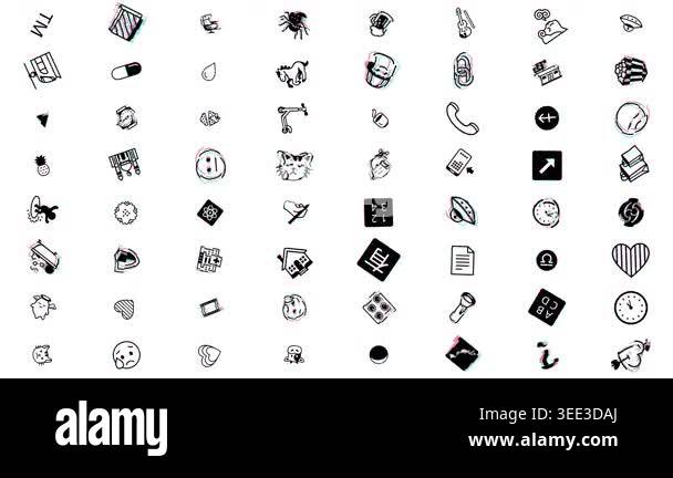 Doodle Icon Grid Pattern with Glitch Effect on White Background ...
