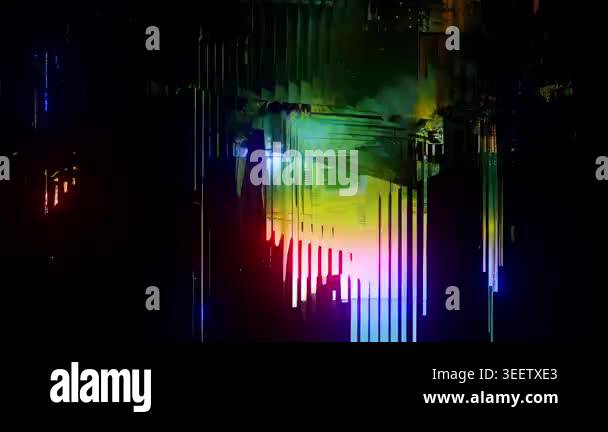 Abstract dark glitch background with vertical rainbow light beams ...