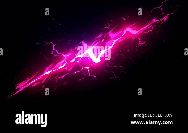 Abstract pink electric slash on black background with glowing plasma ...