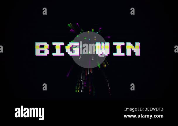 Big Win text with digital glitch effect and pixelated fireworks ...