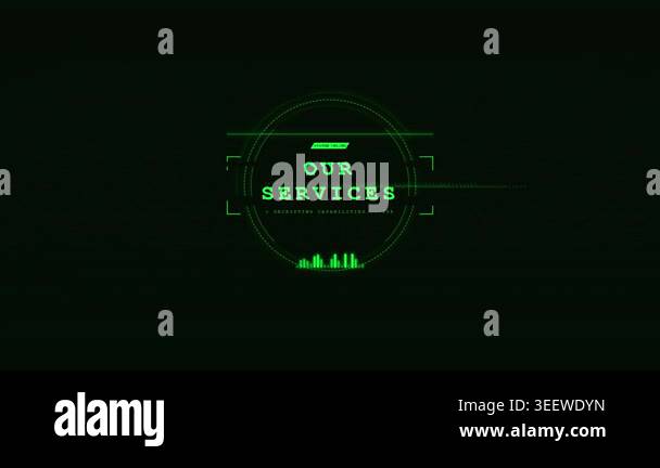 Digital HUD interface with Our Services text, motion graphics business ...