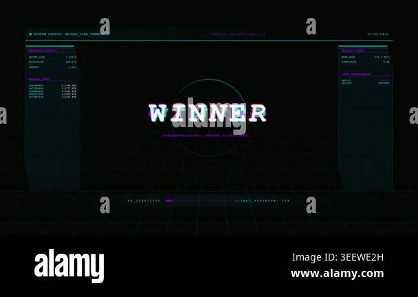 Futuristic digital interface displaying winner notification, data ...