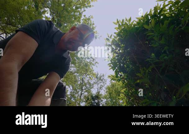 Low angle view of landscaper wearing gloves spreading mulch in garden ...