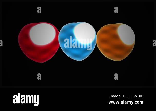 Three abstract glowing spheres with rippling surface textures in red ...