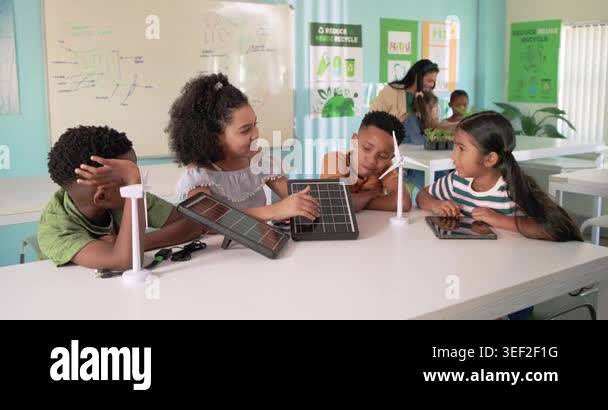 Classmates showing solar panels and wind turbine after teacher prompt ...