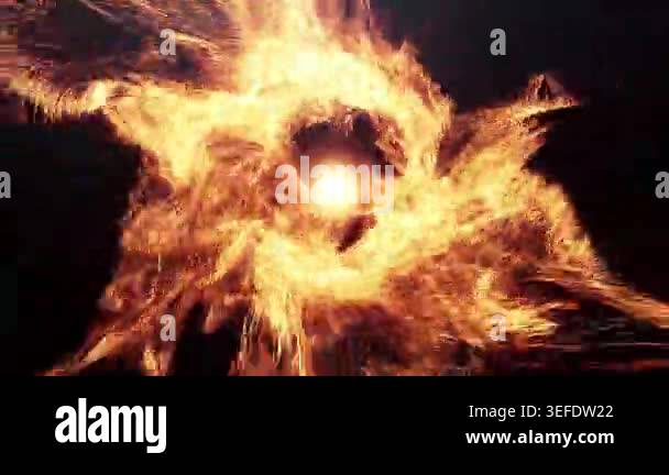 Fiery energy bursts outward like a sunburst with bright glowing ...