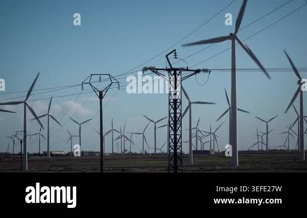 Wind farm and electric cables. High quality 4k footage Stock Video ...