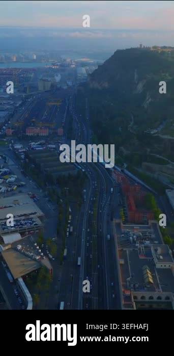 Aerial views show the city of Barcelona from high above. The focus is ...