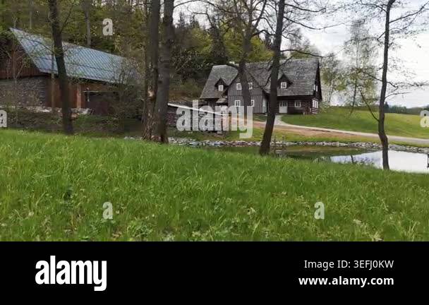 Rustic wooden houses and outbuildings stand near a small pond, green ...
