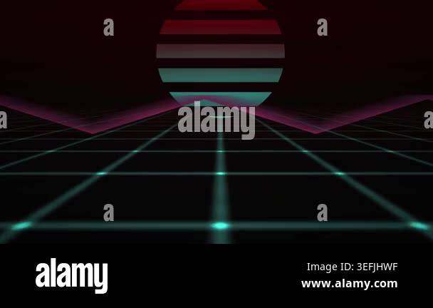 An animated retro synthwave style landscape featuring a glowing neon ...