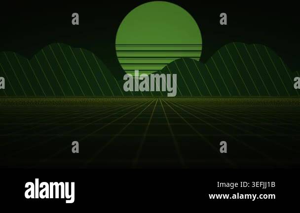A retro 80s inspired synthwave landscape featuring a green sunset and a ...
