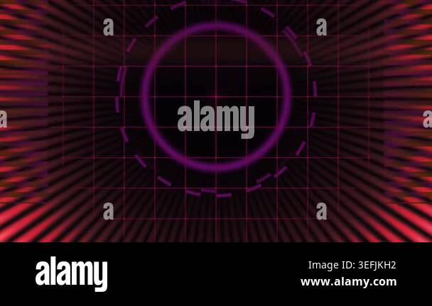 A dark, abstract background featuring a glowing neon ring and a grid ...