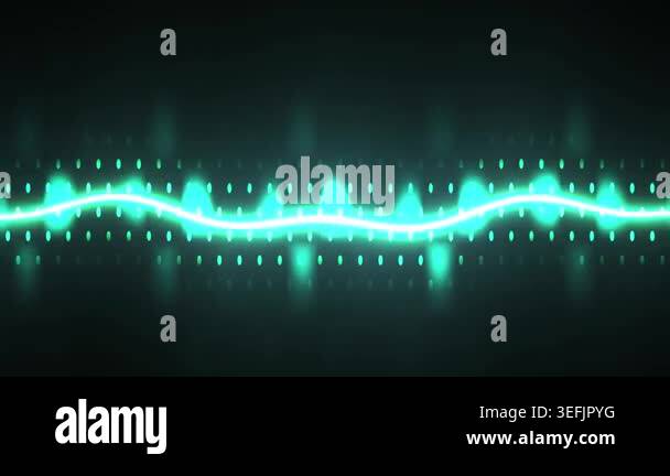 A dynamic abstract digital audio waveform pulsating with cyan neon ...