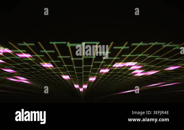 An abstract digital animation featuring a glowing green wireframe grid ...