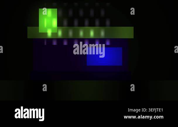 Glowing green lights on a dark background with blue rectangle Stock ...