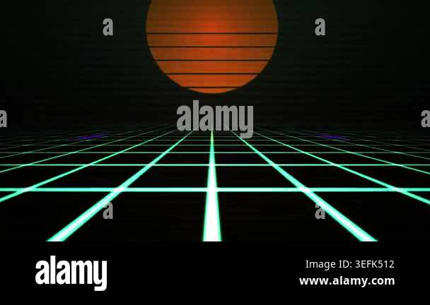 A grid of neon green lines on a black background with an orange sunset ...