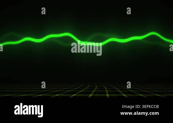 Abstract neon green sound wave oscillating on a dark background with a ...