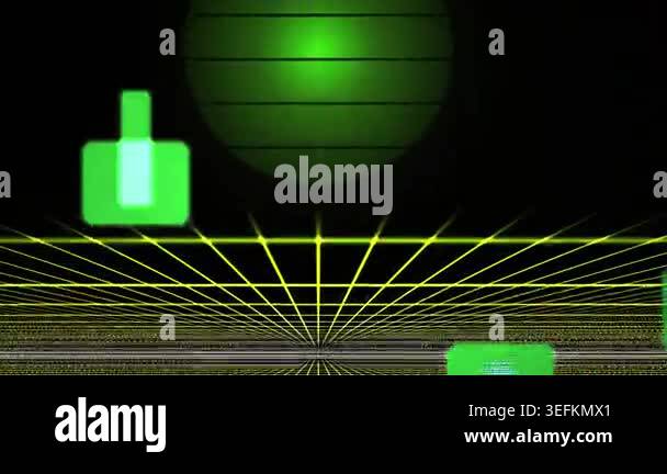 A dynamic abstract scene featuring glowing green geometric shapes ...