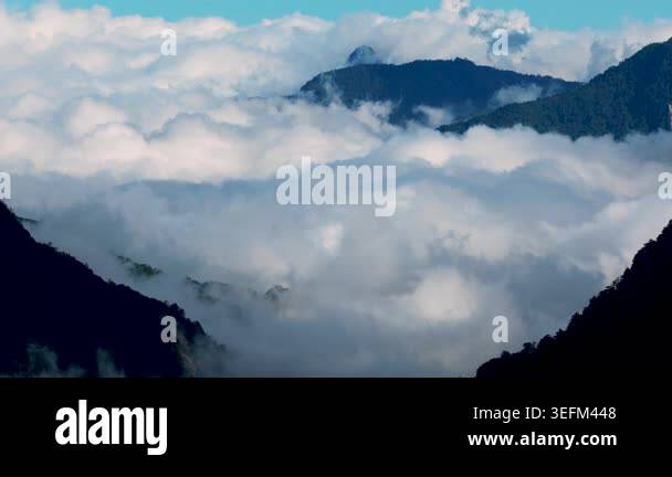 Aerial view misty foggy mountain landscape with clouds Stock Video ...